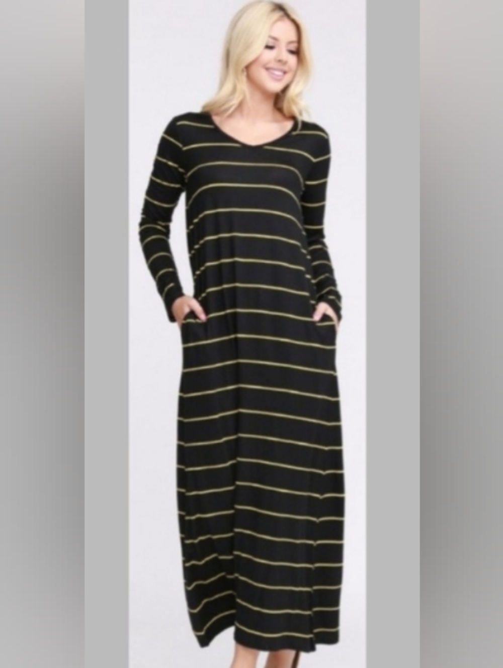 Doublju Long Sleeve V-neck Casual Modest Maxi Dress w Pockets
